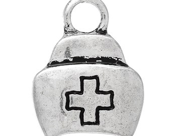 10 NURSE HAT Charm Pendants, antique silver tone metal, nurse nursing, chs1852
