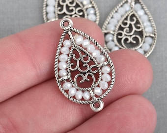 2 Silver Teardrop Filigree Charms, WHITE Crystal Beads, Connector Link, 1.25" long, chs4019