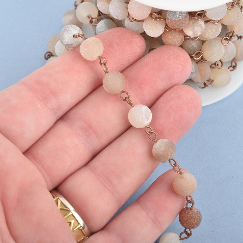 1 yard CHAMPAGNE DRUZY Quartz Rosary Chain COPPER 8mm Matte round gemstone beads fch0911a