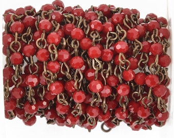 13 feet Dark Red Crystal Rosary Chain, bronze, 4mm round faceted beads, fch0487b