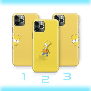 Puede incluir: Fundas amarillas para teléfono con Bart Simpson de la serie de dibujos animados Los Simpson. Las fundas tienen un fondo amarillo con la cara o el cuerpo completo de Bart Simpson. Las fundas están numeradas 1, 2 y 3 en la parte inferior.