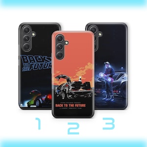 May include: Three phone cases featuring designs from "Back to the Future". The cases display the DeLorean, characters, and the film's title. The cases are black and orange with a shiny finish.