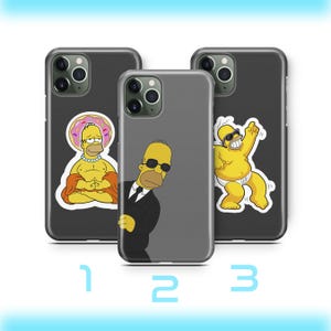 Może przedstawiać: Trzy czarne etui na telefony z postaciami z kreskówek. Jedno etui przedstawia Homera Simpsona w pozycji jogi z pączkiem, drugie Homera w garniturze, a trzecie Homera w tańcu. Numery 1, 2 i 3 znajdują się poniżej.