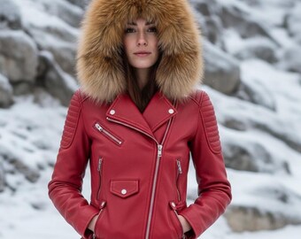 ジャケット・アウター IRENE FUR HOODED LEATHER JACKET Cherry Red Cropped Leather Jacket With Hood and Fur Trim