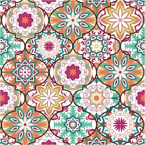 May include: A seamless pattern featuring a mosaic of colorful, ornate floral designs. The pattern includes various shapes and colors, such as orange, teal, pink, and gold, creating a vibrant and decorative aesthetic. The design is suitable for fabric or wallpaper.