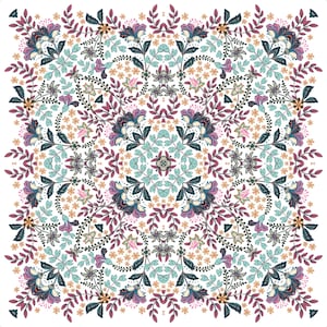 May include: A square, floral pattern in shades of teal, purple, and burgundy on a white background. The design features stylized flowers, leaves, and small blossoms arranged symmetrically. The overall effect is intricate and decorative.