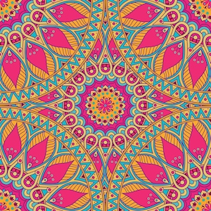 May include: A vibrant, symmetrical mandala design featuring a repeating pattern of pink, yellow, and blue shapes. The design includes petal-like forms, geometric lines, and circular elements, creating a visually complex and colorful pattern.