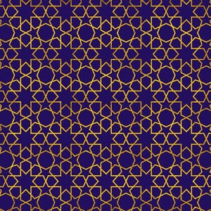 May include: A repeating pattern of gold geometric shapes on a dark blue background. The design features stars and other shapes, creating a symmetrical and ornate visual effect. The pattern is suitable for various design applications.