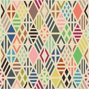 May include: Geometric pattern featuring a repeating design of diamonds, triangles, and stripes in various colors. The color palette includes shades of blue, pink, green, orange, and brown, set against a beige background. The design is symmetrical and visually engaging.