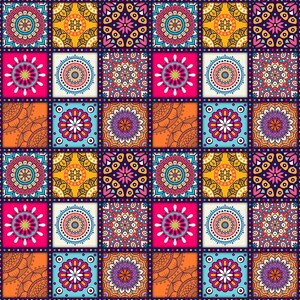 May include: A vibrant, repeating pattern of square tiles. Each tile features a detailed floral mandala design in a variety of colors, including pink, blue, orange, yellow, and purple, set against a dark blue background. The overall effect is a colorful, decorative design.