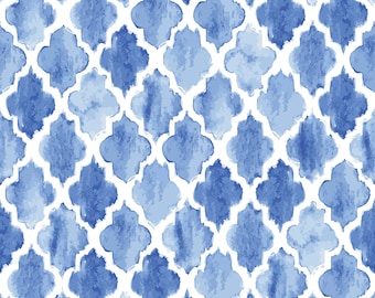 Blue Watercolor Moroccan Trellis Seamless Pattern | Quatrefoil Fabric & Wallpaper Design | Wedding Floor Wrap Design (Digital File)