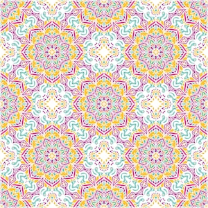 May include: A repeating pattern featuring ornate floral mandala designs. The pattern is composed of symmetrical, multi-colored floral elements in shades of yellow, pink, purple, and teal, set against a white background. The design is intricate and detailed.