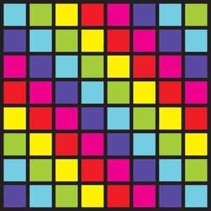 May include: A vibrant, geometric pattern of colorful squares. The design features a grid of evenly spaced squares in a variety of bright colors, including red, yellow, blue, green, and pink, set against a black background.