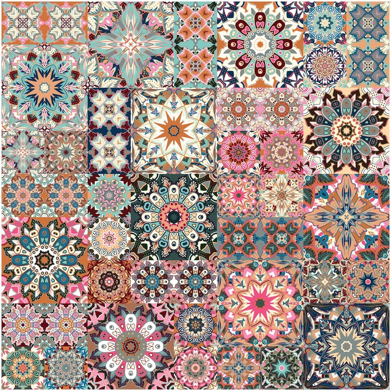 May include: A patchwork design featuring square tiles with detailed, symmetrical patterns. The tiles display a mix of colours, including teal, orange, pink, and brown, creating a vibrant mosaic.