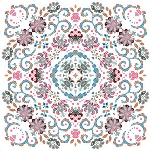 May include: A square, symmetrical design featuring a floral pattern in pink, blue, and gray on a white background. The design includes stylized flowers, swirling vines, and dotted accents, creating a decorative and ornate look.