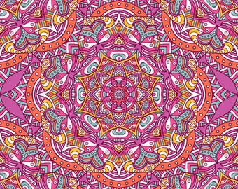 May include: A vibrant, symmetrical mandala pattern in shades of pink, orange, yellow, and teal. The design features intricate floral and geometric elements, creating a visually rich and detailed artwork. The repeating pattern is suitable for fabric or wallpaper.
