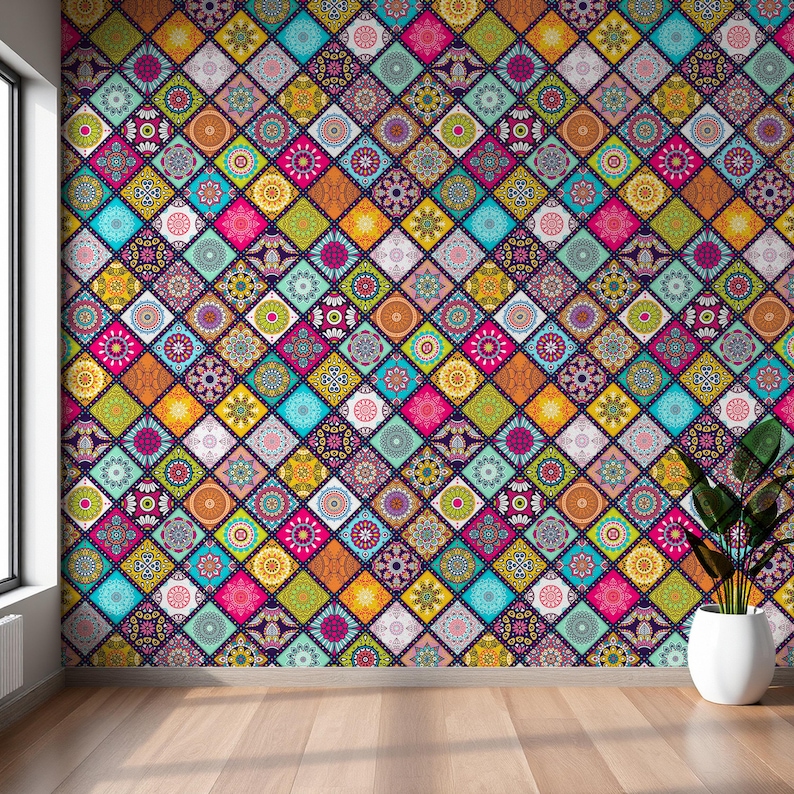 May include: A vibrant wall covered in a patchwork of colorful, patterned squares. The design features a variety of floral and geometric motifs in shades of pink, blue, orange, green, and yellow. The wall is set against a dark purple background, with a wooden floor.