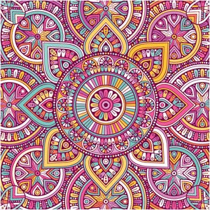 May include: A vibrant, symmetrical mandala design in shades of pink, yellow, teal, and purple. The intricate pattern features floral and geometric elements arranged in concentric circles and petal shapes, creating a visually rich and detailed artwork.