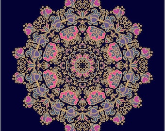 Elegant Floral Mandala Digital Art | Pink, Purple & Gold on Navy Blue for Wall Art | Floral Dance Floor Design (Digital File)
