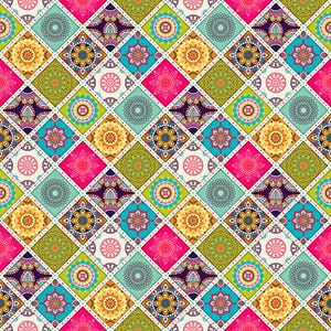 May include: A vibrant, repeating pattern featuring a mosaic of colorful squares. Each square contains intricate floral and geometric designs in shades of pink, teal, yellow, green, and purple, creating a visually rich textile design.