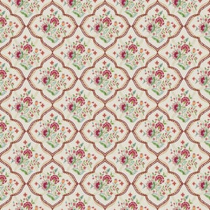 May include: A repeating pattern featuring floral bouquets in a symmetrical design. The flowers are primarily pink and red, with green leaves and accents of yellow and blue. The background is a cream color, and the pattern is framed by a dark red border.