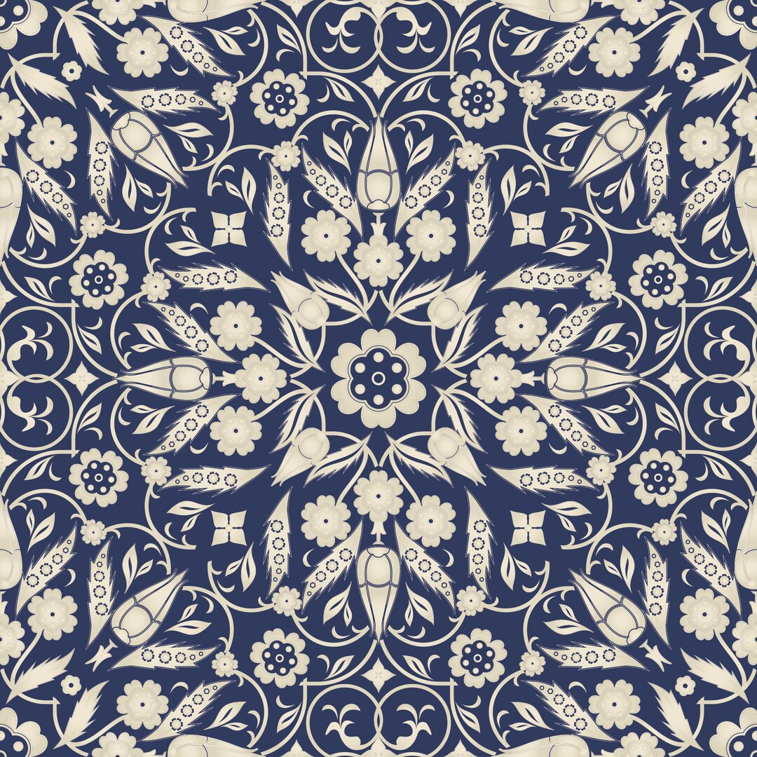 Elegant Turkish Iznik Seamless Pattern | Navy Blue & Cream Floral for ...