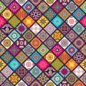 May include: A vibrant, geometric pattern featuring a patchwork of colorful squares and diamond shapes. Each square showcases intricate mandala-style designs in shades of pink, blue, orange, and yellow, creating a visually rich textile.