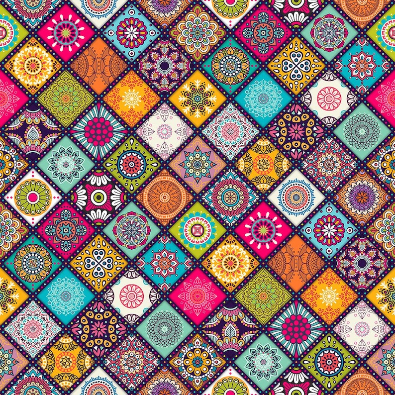 May include: A vibrant, geometric pattern featuring a patchwork of colorful squares and diamond shapes. Each square showcases intricate mandala-style designs in shades of pink, blue, orange, and yellow, creating a visually rich textile.