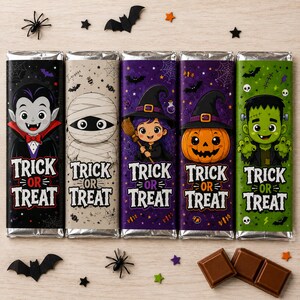 May include: Five rectangular chocolate bars wrapped in Halloween-themed paper featuring a vampire, mummy, witch, jack-o'-lantern, and Frankenstein's monster. Each wrapper displays the text Trick or Treat and various spooky icons like bats and spiders.