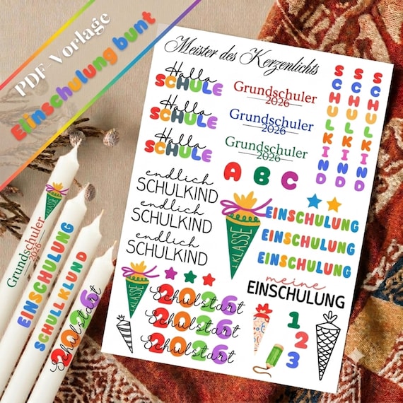 Kerzensticker Einschulung Vorlage - DIY Schulanfang Deko - Wasserschiebe-Decal PDF - Schultüte Geschenk Idee - 1. Klasse Motiv