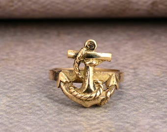 Men's Gold Stainless Steel Anchor Ring - Vintage Style Band With Cubic Zirconia (Size 9)