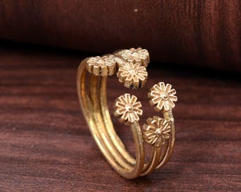 Gold Sardinian filigree long ring, Handmade brass ring.