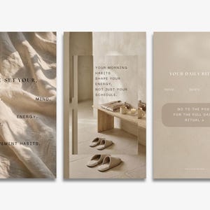May include: Three-panel image in neutral tones. The first panel displays text: "RE SET YOUR, BREATH, MIND, ENERGY, BODY, MOVEMENT HABITS." The second panel reads: "YOUR MORNING HABITS SHAPE YOUR ENERGY, NOT JUST YOUR SCHEDULE." The third panel says "YOUR DAILY RITUAL, MIND, BODY, SOUL."