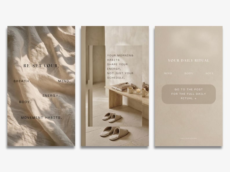 May include: Three-panel image in neutral tones. The first panel displays text: "RE SET YOUR, BREATH, MIND, ENERGY, BODY, MOVEMENT HABITS." The second panel reads: "YOUR MORNING HABITS SHAPE YOUR ENERGY, NOT JUST YOUR SCHEDULE." The third panel says "YOUR DAILY RITUAL, MIND, BODY, SOUL."