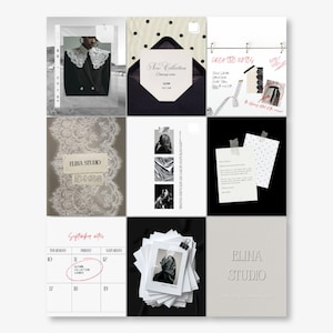 May include: A grid of nine graphic design panels featuring Elina Studio branding, including a lace-collared blazer, a polka dot envelope, handwritten notes, lace textures, black and white photography, a calendar, and a stack of white cards.