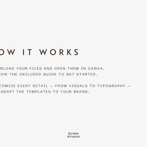May include: A simple graphic with the text "HOW IT WORKS" in a dark brown font. Instructions below detail downloading files, opening them in Canva, and customising templates. The Elina Studio logo is at the bottom.