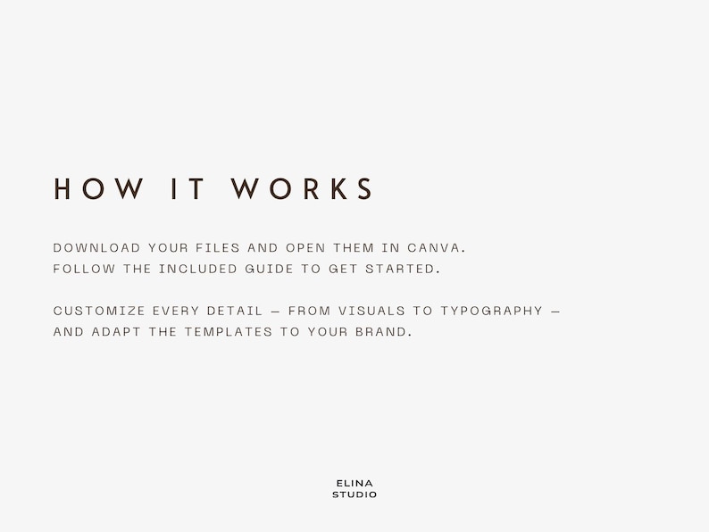 May include: A simple graphic with the text "HOW IT WORKS" in a dark brown font. Instructions below detail downloading files, opening them in Canva, and customising templates. The Elina Studio logo is at the bottom.