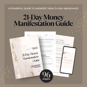 Könnte beinhalten: Ein 21-Tage-Geldmanifestations-Leitfaden mit dem Text „Erwecke dein Überfluss“ und „Geld-Affirmationen, Journaling-Eingabeaufforderungen & Energie-Rituale“. Der Leitfaden wird von losen Seiten und einem Smartphone begleitet. Der Leitfaden hat 96 Seiten.