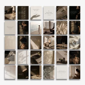 May include: A selection of square art prints in neutral tones with minimalist designs. Each print features a photograph or graphic with text. The images include a laptop, a person, and natural elements.