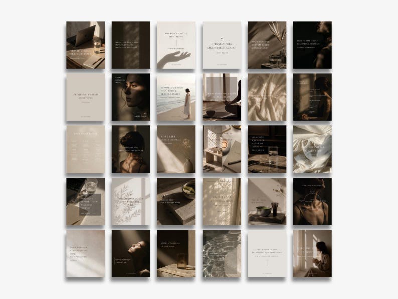 May include: A selection of square art prints in neutral tones with minimalist designs. Each print features a photograph or graphic with text. The images include a laptop, a person, and natural elements.