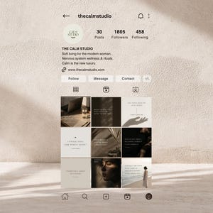 May include: A mobile phone screen displaying an Instagram profile for "thecalmstudio". The profile features a logo, follower count, and a grid of posts. The profile description mentions soft living and nervous system wellness. The background is a beige tone.