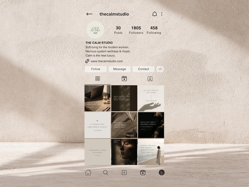 May include: A mobile phone screen displaying an Instagram profile for "thecalmstudio". The profile features a logo, follower count, and a grid of posts. The profile description mentions soft living and nervous system wellness. The background is a beige tone.
