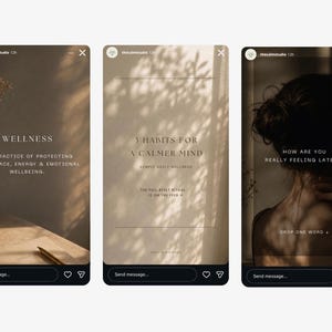 May include: Three Instagram story templates in a neutral colour palette. The first features the word "WELLNESS" and text about protecting well-being. The second says "3 HABITS FOR A CALMER MIND." The third asks "HOW ARE YOU REALLY FEELING LATELY?"