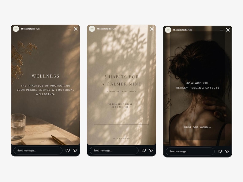 May include: Three Instagram story templates in a neutral colour palette. The first features the word "WELLNESS" and text about protecting well-being. The second says "3 HABITS FOR A CALMER MIND." The third asks "HOW ARE YOU REALLY FEELING LATELY?"