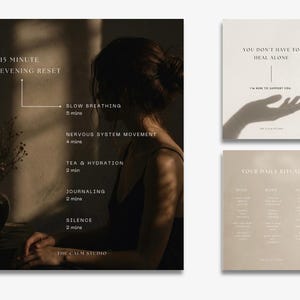 May include: Three minimalist art prints with calming themes. One print details a 15-minute evening reset with steps like slow breathing and journaling. Another says "You don't have to heal alone." The third outlines a daily ritual.