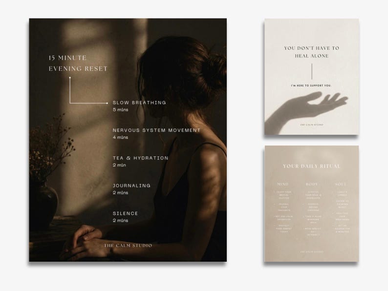 May include: Three minimalist art prints with calming themes. One print details a 15-minute evening reset with steps like slow breathing and journaling. Another says "You don't have to heal alone." The third outlines a daily ritual.