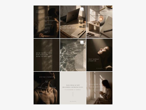 Luxury Wellness Instagram Templates for Canva | Wellness Coach Social Media Kit | Feminine Branding Bundle | Editable Digital Posts |