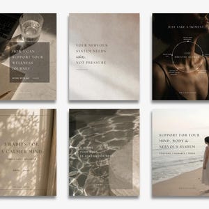 May include: Six minimalist prints with wellness themes. The prints feature text such as "Your Nervous System Needs Safety" and "3 Habits for a Calmer Mind." The colour scheme is neutral, with beige and brown tones.