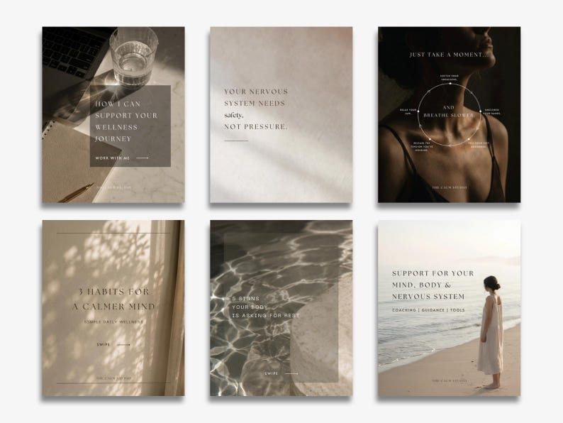 May include: Six minimalist prints with wellness themes. The prints feature text such as "Your Nervous System Needs Safety" and "3 Habits for a Calmer Mind." The colour scheme is neutral, with beige and brown tones.