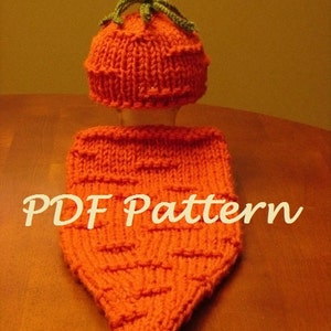 May include: A knitted orange carrot baby hat and matching blanket. The hat has a green knitted top. The text "PDF Pattern" is visible on the image.